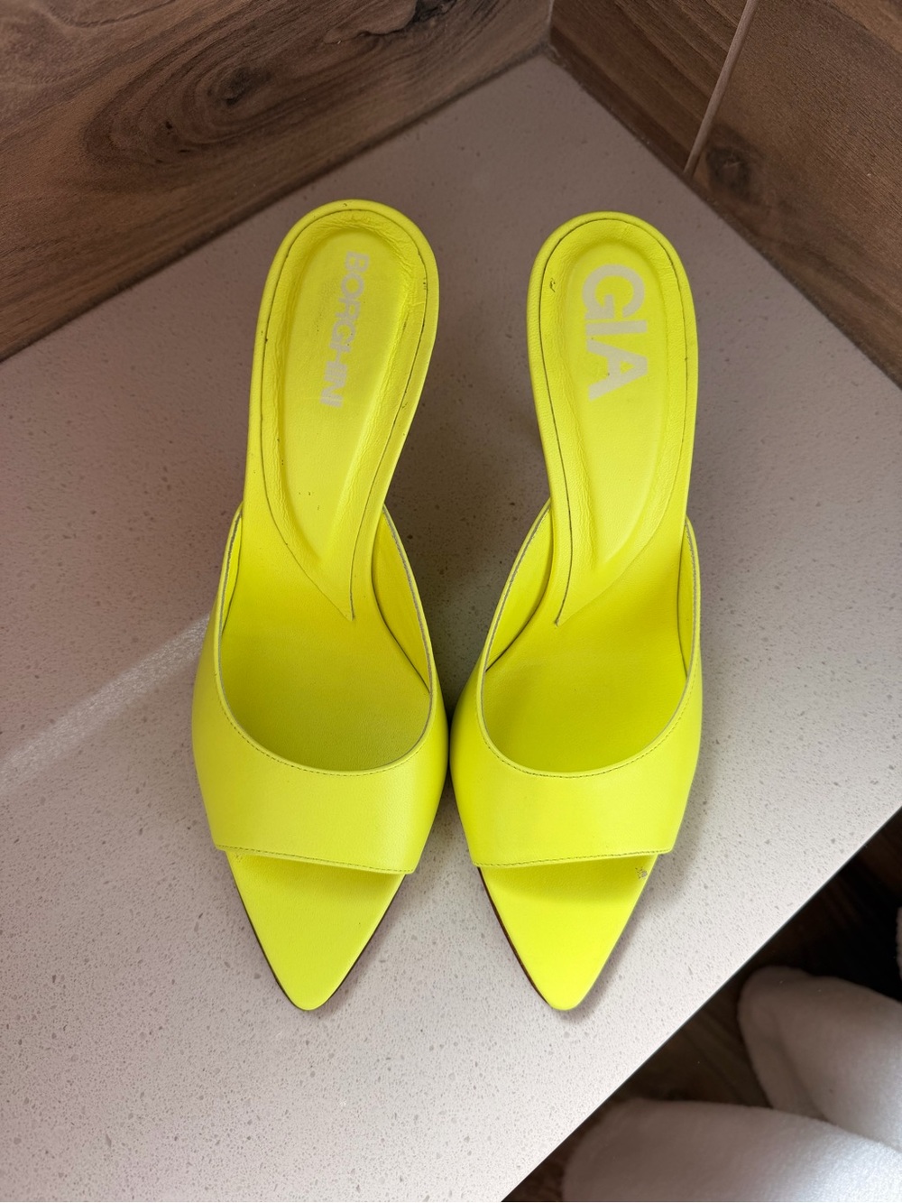 Gia Borghini Neon Yellow Leather Pointed Mule Slides